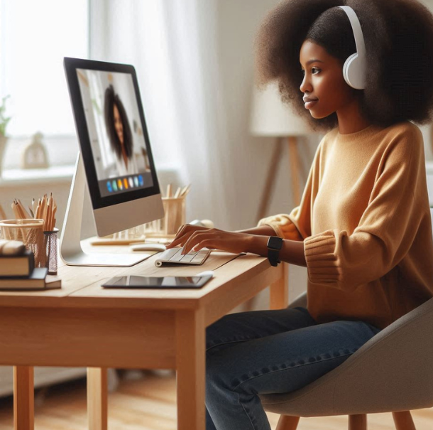 female sitting on small desk doing a remote online notarization with her iMac desktop computer